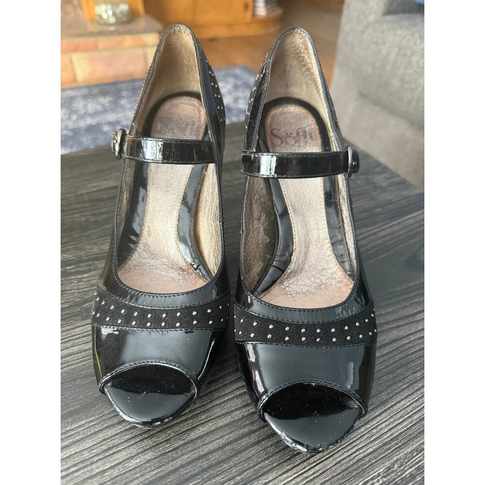 Söfft Raine Black Patent Suede Studded Peep-Toe Mary Janes